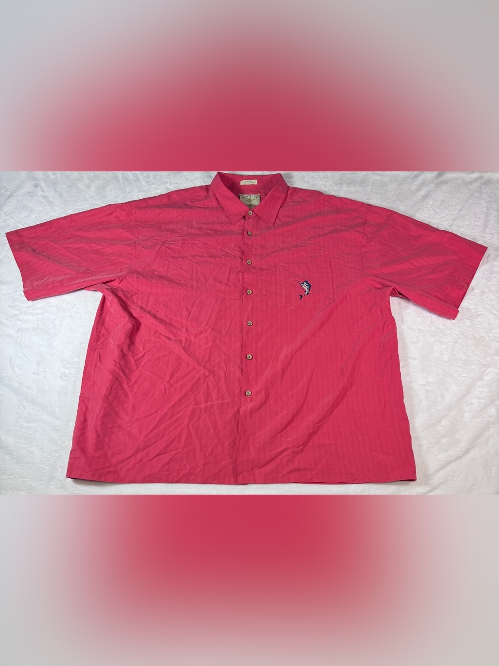 Hibiscus Hawaii Men’s 3XL Pink Hawaiian Shirt Modal Marlin Embroidered